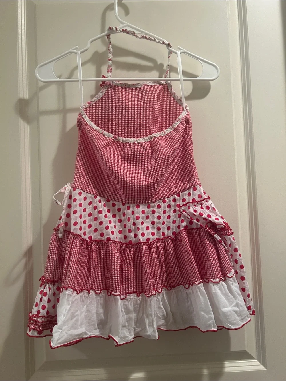 Kate Mack Patchwork Gingham Polka Dot Tiered Halter Sundress size 6 Red & White